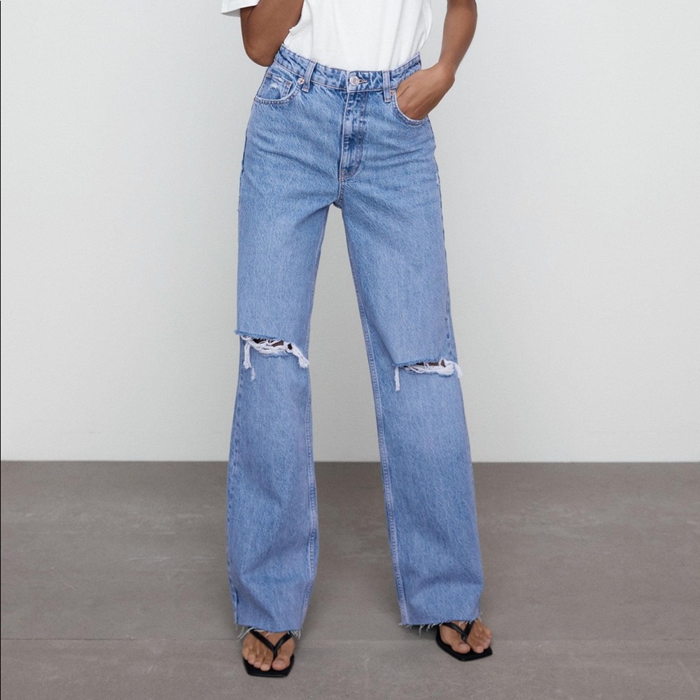 ZARA Wide Leg Full Length Ripped Jeans in Indigo